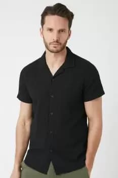 Mens Charcoal Short Sleeve Self Stripe Revere Shirt