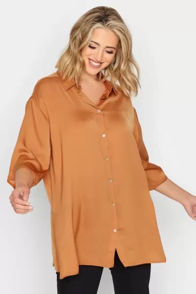 Yours 3/4 Sleeve Satin Shirt Orange