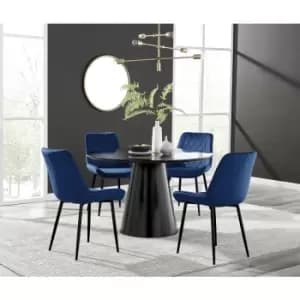 Furniturebox Palma Black Semi Gloss 120cm Round Minimalist Dining Table & 4 Navy Pesaro Black Leg Chairs