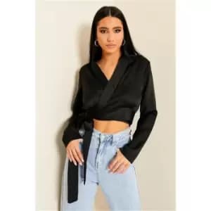 I Saw It First Black Satin Long Sleeve Tie Side Wrap Blouse - Black