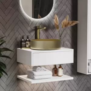 600mm White Wall Hung Countertop Vanity Unit with Brass Basin and Shelf - Lugo