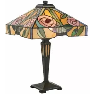 Loops - Tiffany Glass Table Lamp Light Dark Bronze & Multi Colour Rose Shade i00234