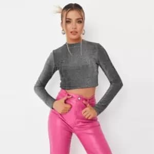 Missguided Neck Glitter Crop Top - Silver