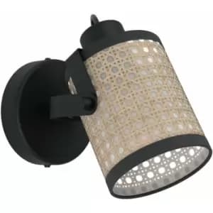 Loops - LED Wall Light / Sconce Black & Wicker Pattern Adjustable Shade 10W E27 Bulb