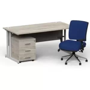 Impulse 1800 x 800 Silver Cant Office Desk Grey Oak + 3 Dr Mobile Ped & Chiro Med Back Blue W/Arms