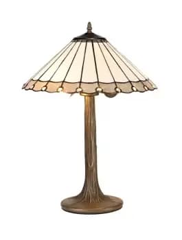 2 Light Tree Like Table Lamp E27 With 40cm Tiffany Shade, Grey, Crystal, Aged Antique Brass