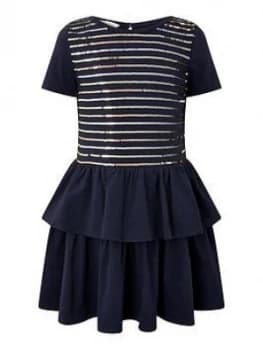 Monsoon Girls Sequin Stripe Jersey Tiered Dress - Navy, Size 11-12 Years, Women