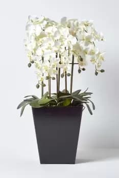 Large Artificial Cream Orchid in Black Pot with Green Leaves