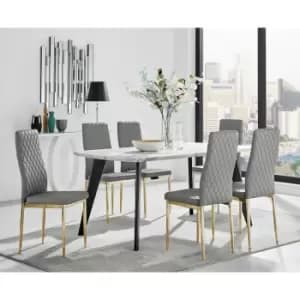 Furniturebox UK - Andria Black Leg Marble Effect Dining Table and 6 Grey Gold Leg Milan Chairs - Elephant Grey
