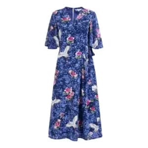 Yumi Blue Crane Print Wrap Midi Dress - Blue
