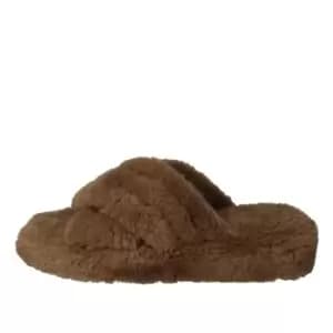 Fabric Fur Cross Over Slipper - Brown