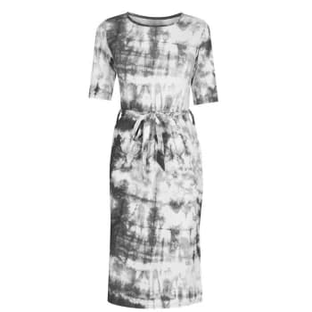 Fabric Tie Dye Ribbed Midi Dress with Tie Waist Detail - Black