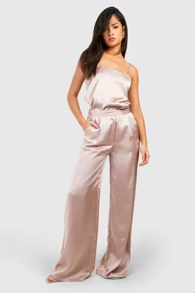 Matte Satin Metallic Pinstripe Wide Leg Trousers