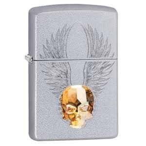 Zippo Satin Chrome 205 Gold Skull Design Windproof Lighter