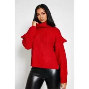 I Saw It First Roll Neck Cable Jumper With Frill Shoulder Detail - Red