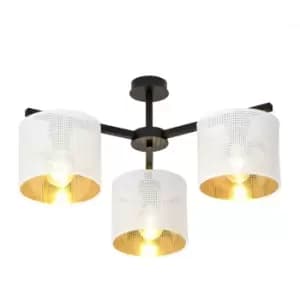 Jordan Black Multi Arm Semi Flush Ceiling light with White, Gold Fabric Shades, 3x E27
