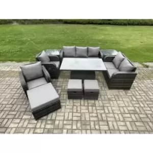 Fimous 7 Seater Dark Grey Outdoor PE Rattan Dining Sofa Complete Set with 2 Side Tables, 2 Stools and Big Footstool
