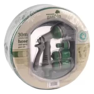 30m Reinforced Green Garden Hose Pipe / Hosepipe and Spray Gun Set