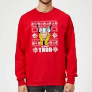 Marvel Comics The Mighty Thor Face Christmas Knit Red Christmas Sweatshirt - L - Red