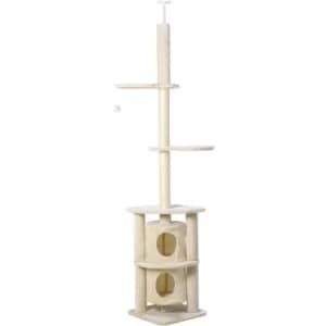 5 Tier Floor to Ceiling Cat Tree for Indoor Cats Kitten Climbing Activity Center Scratching Post Play Tower Condo Adjustable Height 240-260cm Beige
