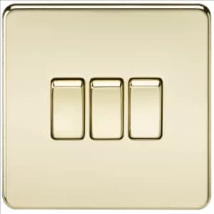 KnightsBridge 10A 3G 2 Way 230V Screwless Polished Brass Electric Wall Plate Switch