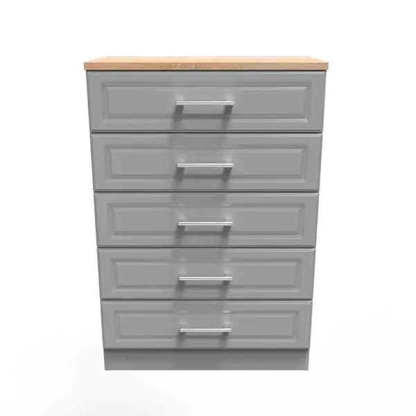 Welcome Furniture Ready Assembled Kent 5 Drawer Chest In Dusk Grey & Oak