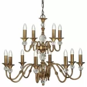 Loops - Diana Ceiling Pendant Chandelier Antique Brass & K9 Crystal Curved 12 Lamp Light