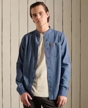 Superdry Mens Indigo Henley Workwear Shirt Blue / Ticking Stripe Rinsed - Size: L