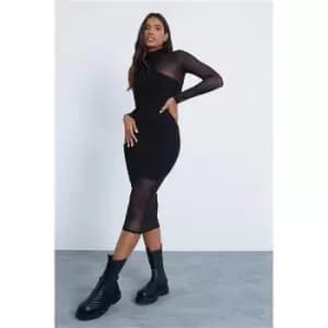 I Saw It First Black Mesh Over Lay High Neck Cut Out Midi Dress - Black