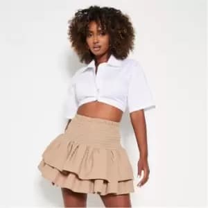 I Saw It First Shirred Waist Ruffle Mini Skirt - Brown