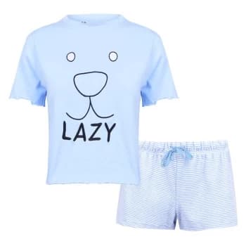 Fabric Velvet Stripe Shorts Soft Pyjama Set with Lazy Slogan - Baby Blue