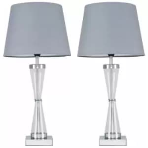 Minisun - 2 x Chrome Hourglass Table Lamps with a Tapered Shades - Grey - No Bulb