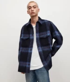AllSaints Mens Gallaway Check Overshirt, Deep Indigo Blue, Size: M