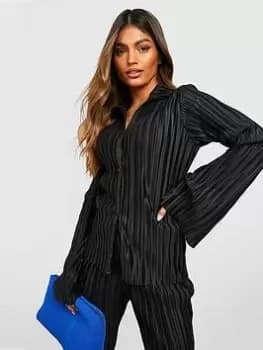 Boohoo Flared Sleeve Plisse Shirt - Black, Size 12, Women