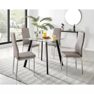 Furniturebox UK - Furniturebox Seattle Glass and Black Metal Leg Square Dining Modern Industrial Dining Table & 4 Cappuccino Milan Chrome Leg Faux