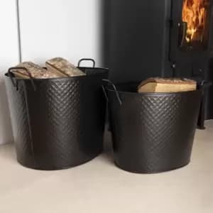Willow Pair of Fireside Log Buckets 1 x Large 1 x Small Iron Metal Handles - Black