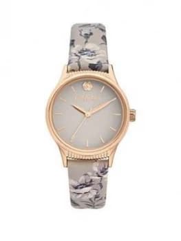 Cath Kidston White And Gold Detail Dial Pembroke Rose Print Grey Leather Strap Ladies Watch