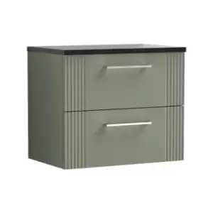 Nuie Deco Satin Green 600mm Wall Hung 2 Drawer Vanity Unit with Sparkling Black Laminate Worktop - DPF893LSB - Satin Green