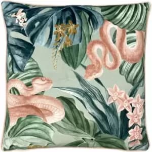 Medinilla Tropical Jungle Print Piped Edge Cushion Cover, Sage/Blush, 43 x 43cm - Furn