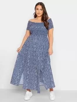 Yours Shirred Bardot Dress Colbalt Ditsy, Blue, Size 16, Women