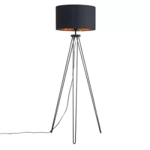 Aero Hairpin Black Tripod Floor Lamp with XL Black and Gold Reni Shade