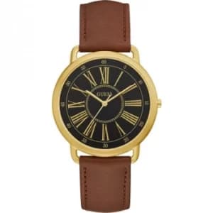 GUESS Ladies gold watch with Black dial and brown leather strap.