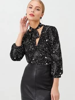 Oasis Star Pussybow Top - Star Print, Mono, Size L, Women