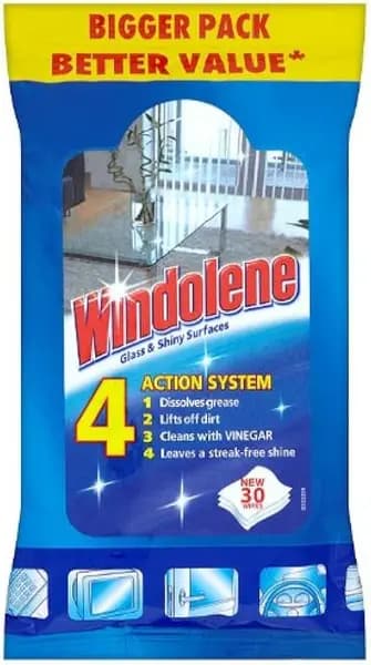 Windolene Glass & Shiny Surfaces 4 Action System 30 Cleaning Wipes