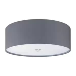 Flush Ceiling Light Colour Satin Nickel Shade Grey Fabric Glass Bulb E27 3x60W
