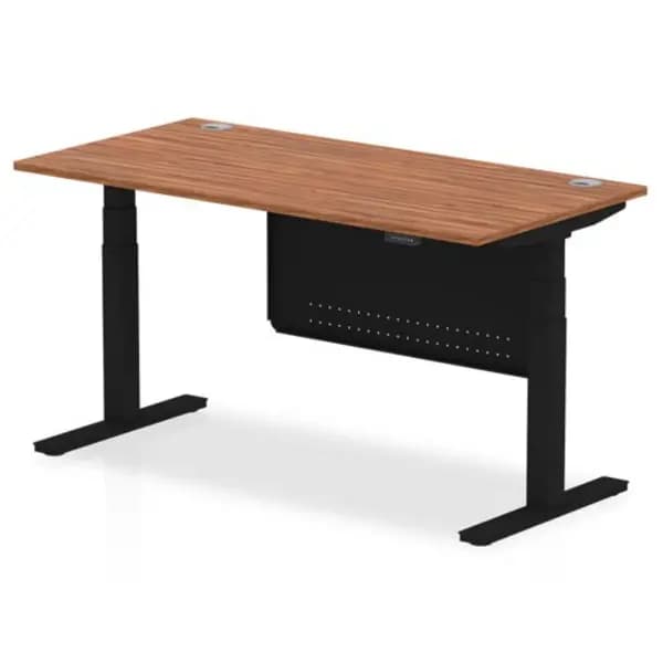 Air 1600 x 800mm Height Adjustable Desk Walnut Top Cable Ports Black Leg With Black Steel Modesty Panel