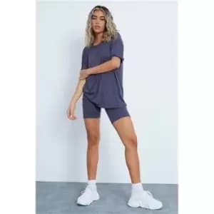 I Saw It First Dark Grey Oversized T-Shirt And Cycling Short Set - Grey