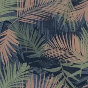 Boutique Jungle Glam Blue, Copper & Green Leaves Smooth Wallpaper