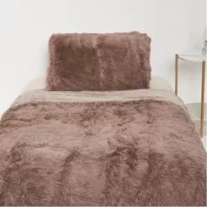 I Saw It First Shaggy Faux Fur Single Duvet Cover and Pillow Set - Brown