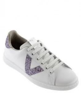 Victoria Leather Tennis Glitter V Logo Trainer - White/Multi, White Multi, Size 3, Women